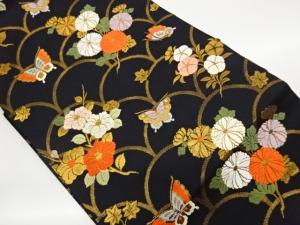 変わり青海波に花々・蝶模様織出し名古屋帯